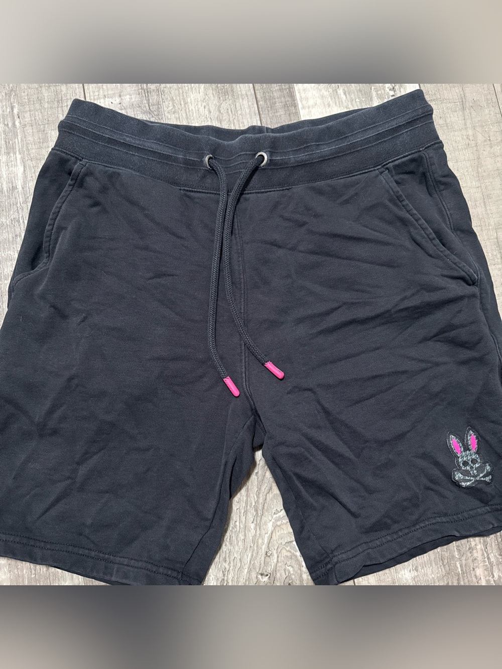 Psycho bunny Men's Black Cotton Drawstring Shorts with Pink bunny skull